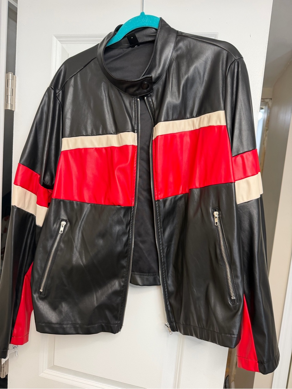 SHEIN Black Vegan Leather Jacket with Red and Cream Stripes